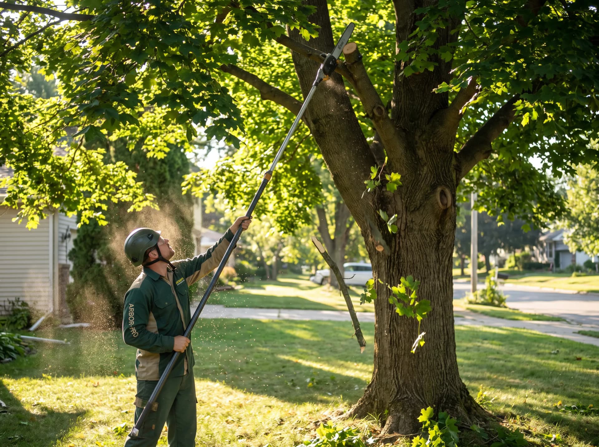Tree crew member pruning high branches with a pole saw
